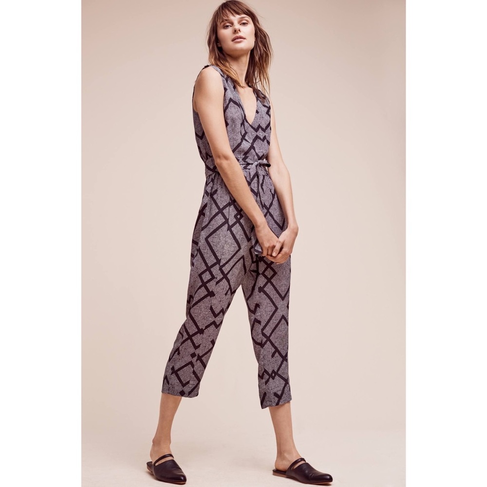 Anthropologie Gray Geometric Print Sleeveless Jumpsuit